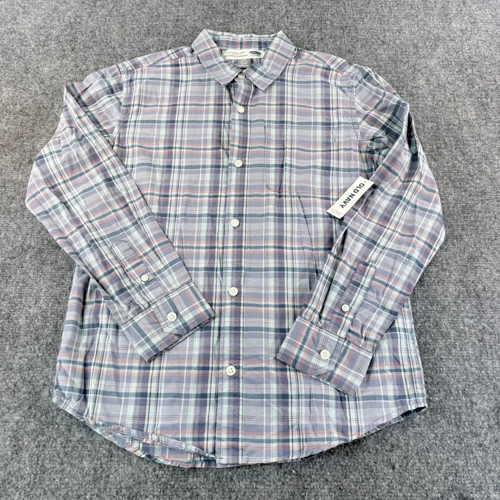 Old Navy Boys Plaid Button Down Shirt Blue Grey Orange L 10-12 The Classic Shirt